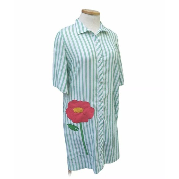Models Coat Other - VTG Models Coat House Dress Snap Large Poppy Green White Awning Stripe Pocket